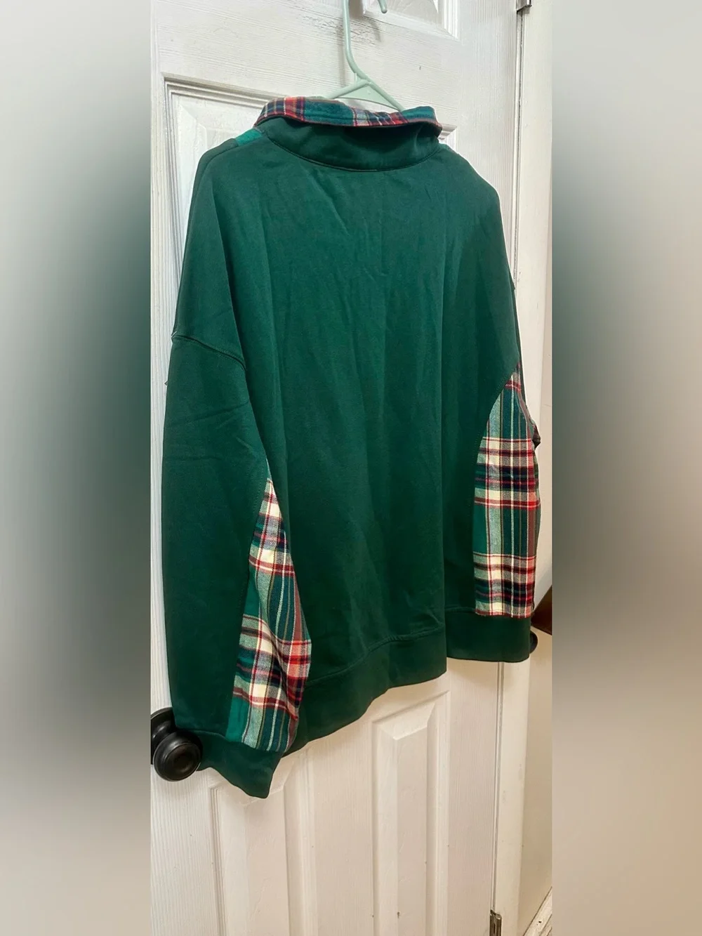 BiBi Green Juniper Pullover with Plaid Trim, Holiday, Christmas - Picture 4 of 4